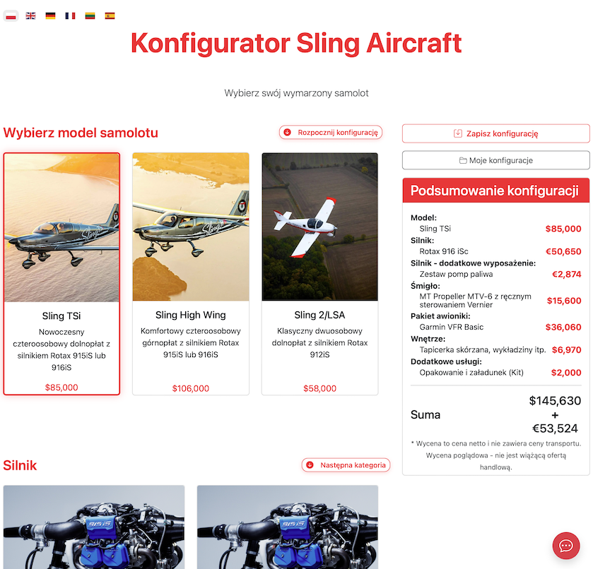 Konfigurator online samolotów Sling Aircraft - wybierz model i wyposażenie