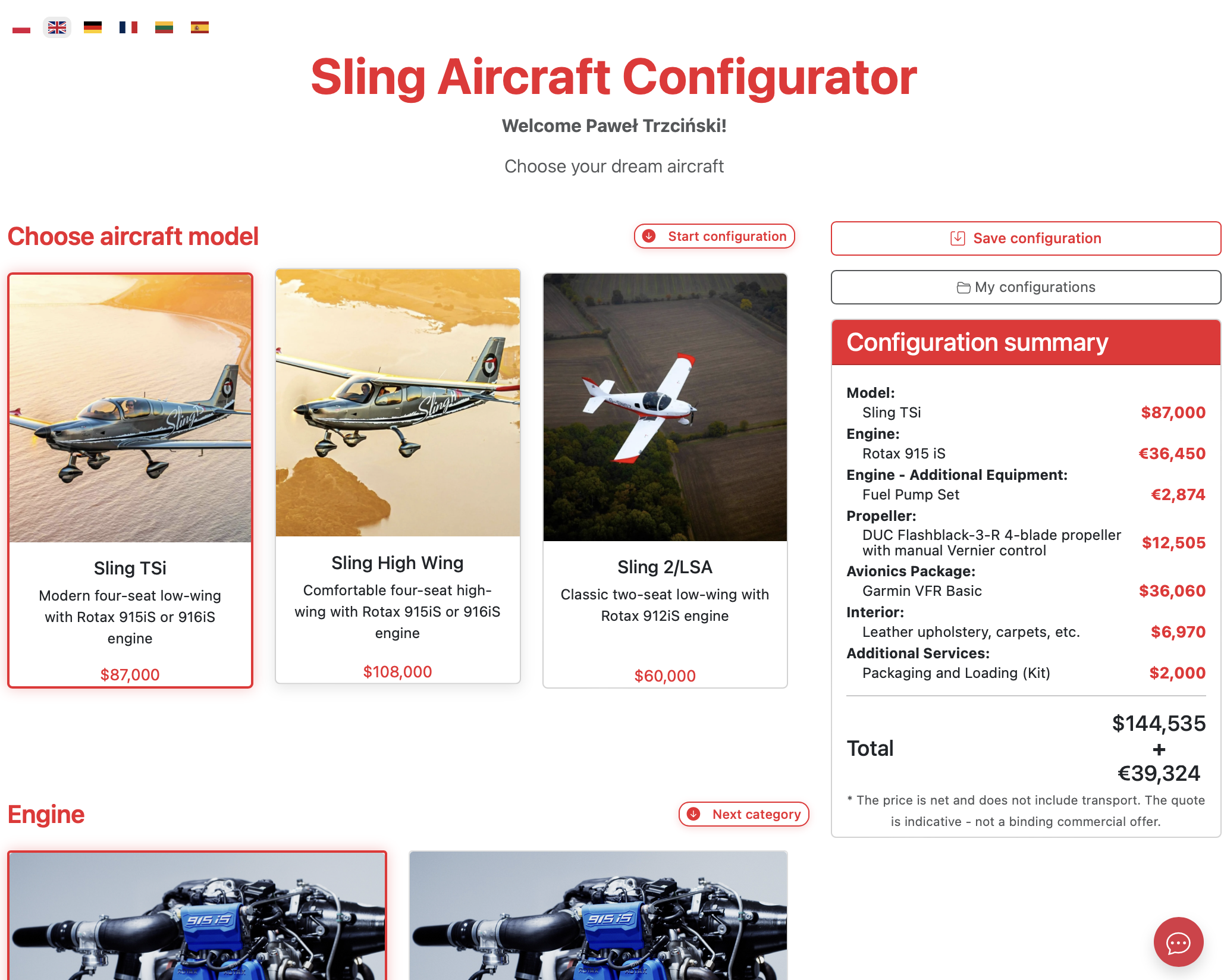 Sling Aircraft online configurator - choose your model and equipment
